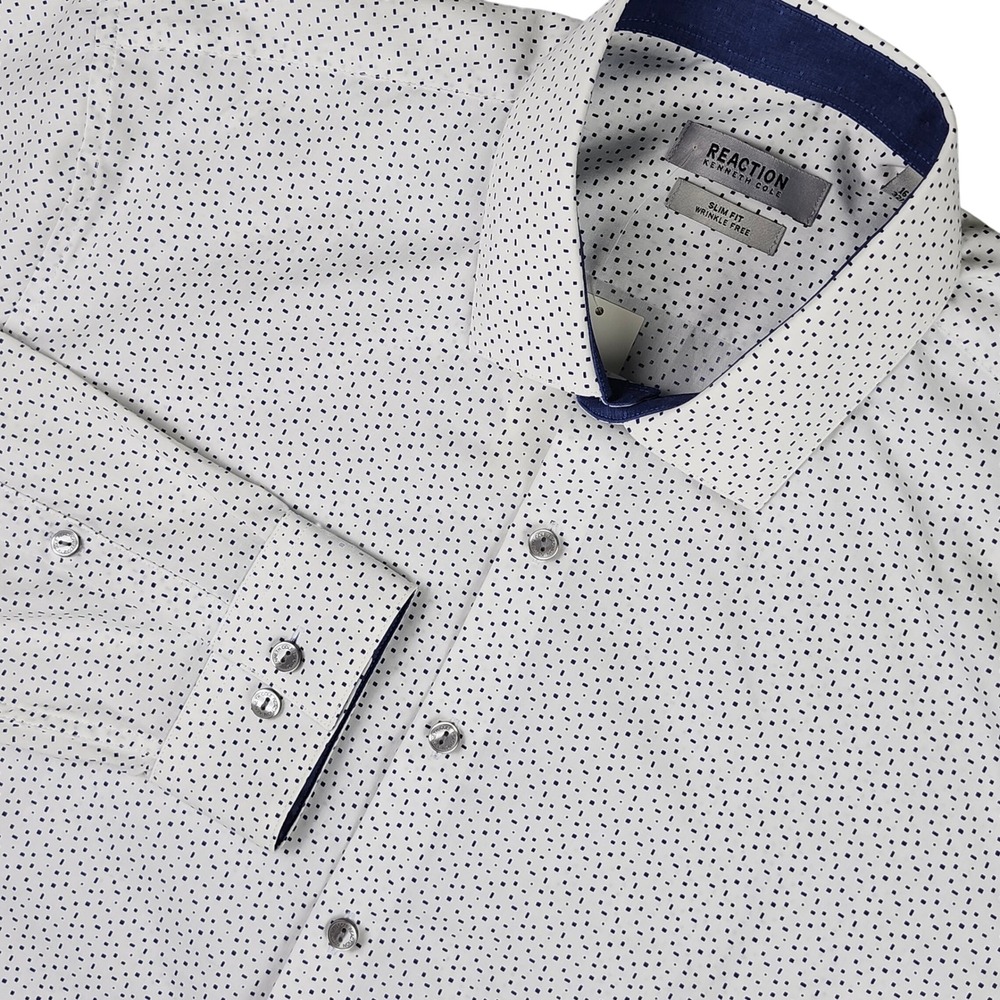Kenneth Cole Reaction Dress Shirt Men Large White Navy Dot Slim Fit Wrinkle Free